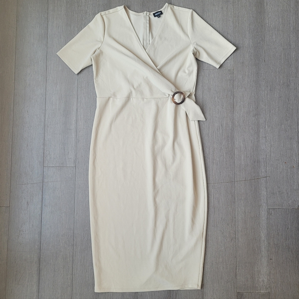 BubbleRoom Elegant Cream Faux Wrap Dress V Neck Size XL